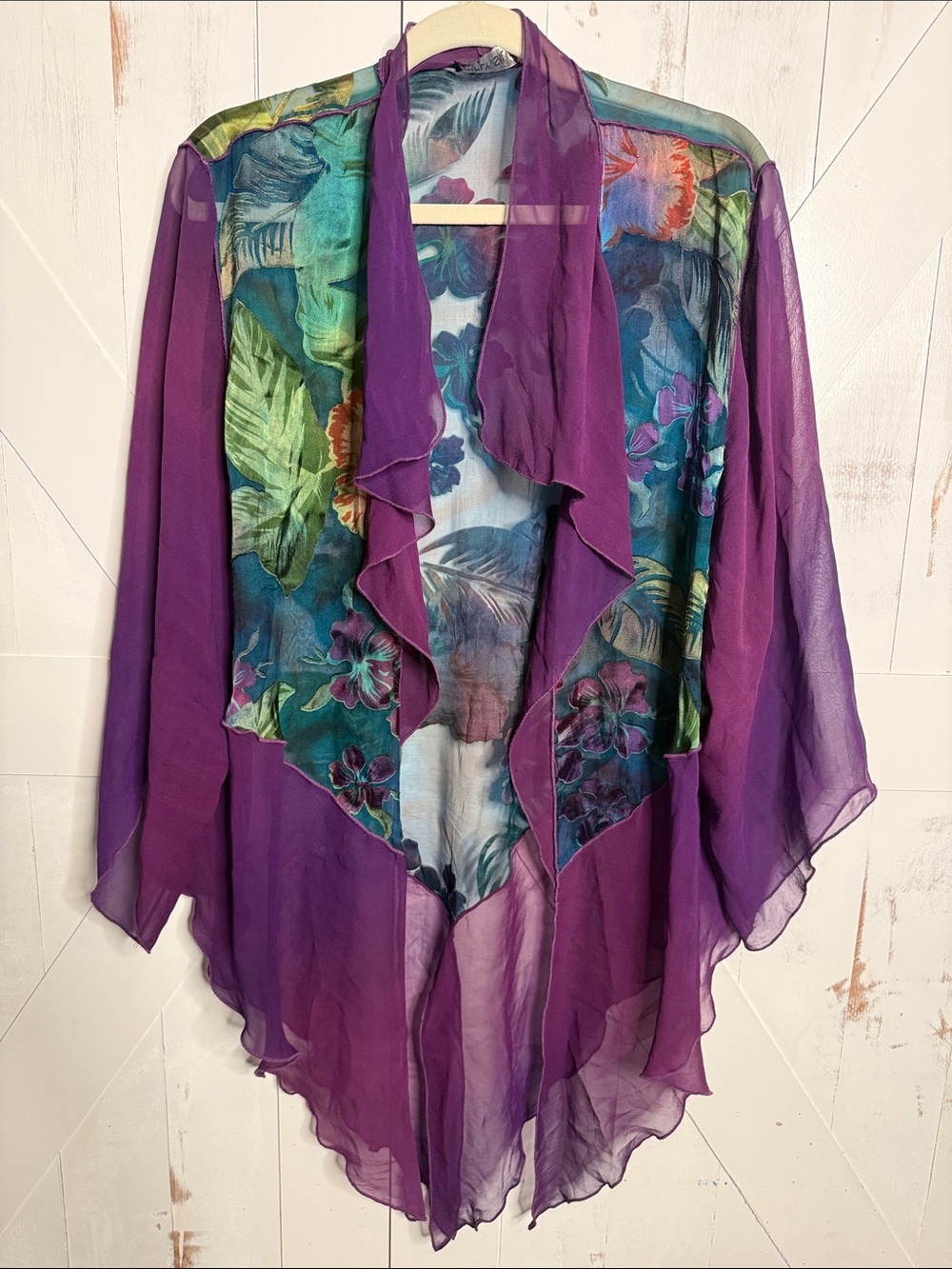 Sheer Purple Floral Silk Waterfall Blouse